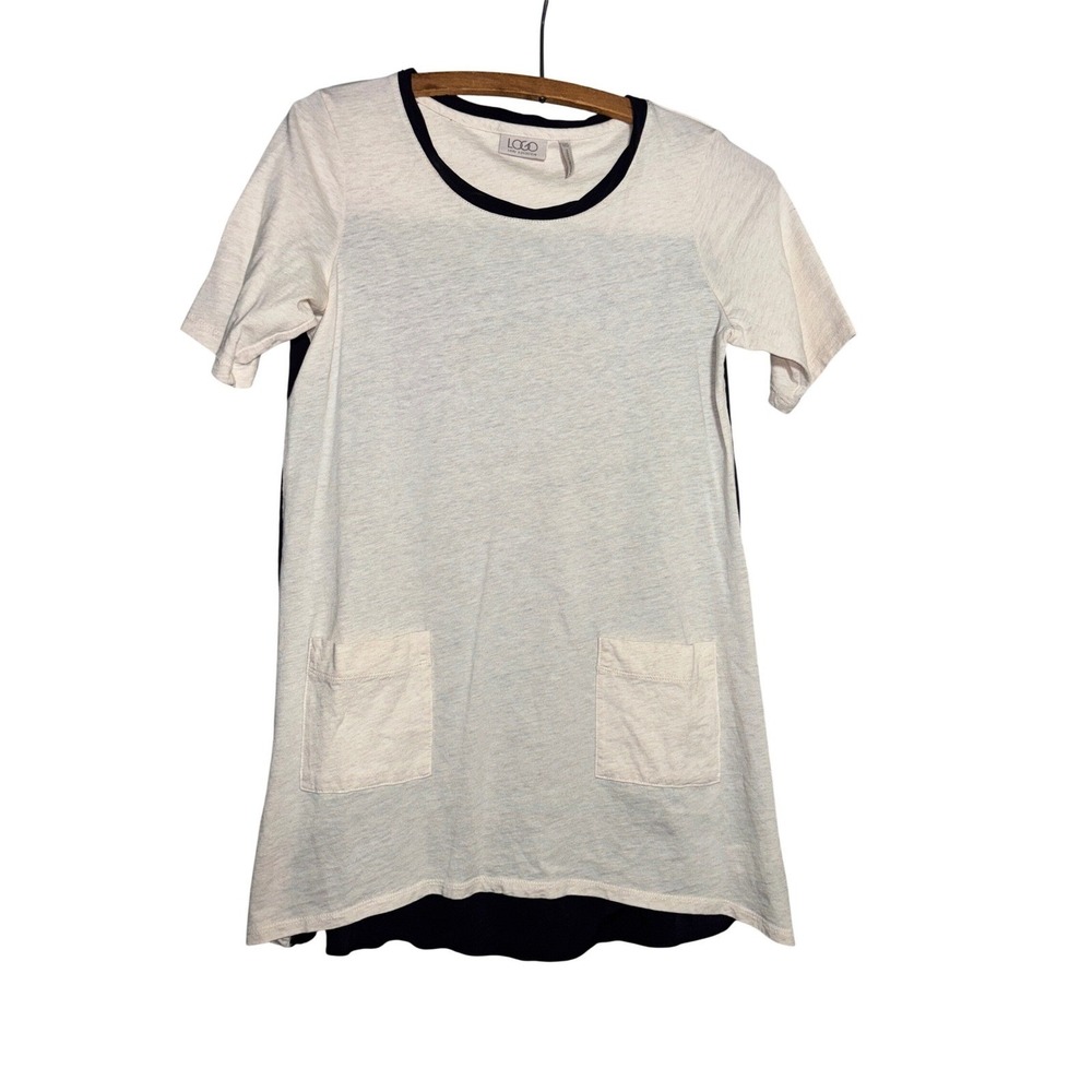 LOGO Lori Goldstein XXS Colorblock Tunic Top Cream Navy Blue Pockets Cotton